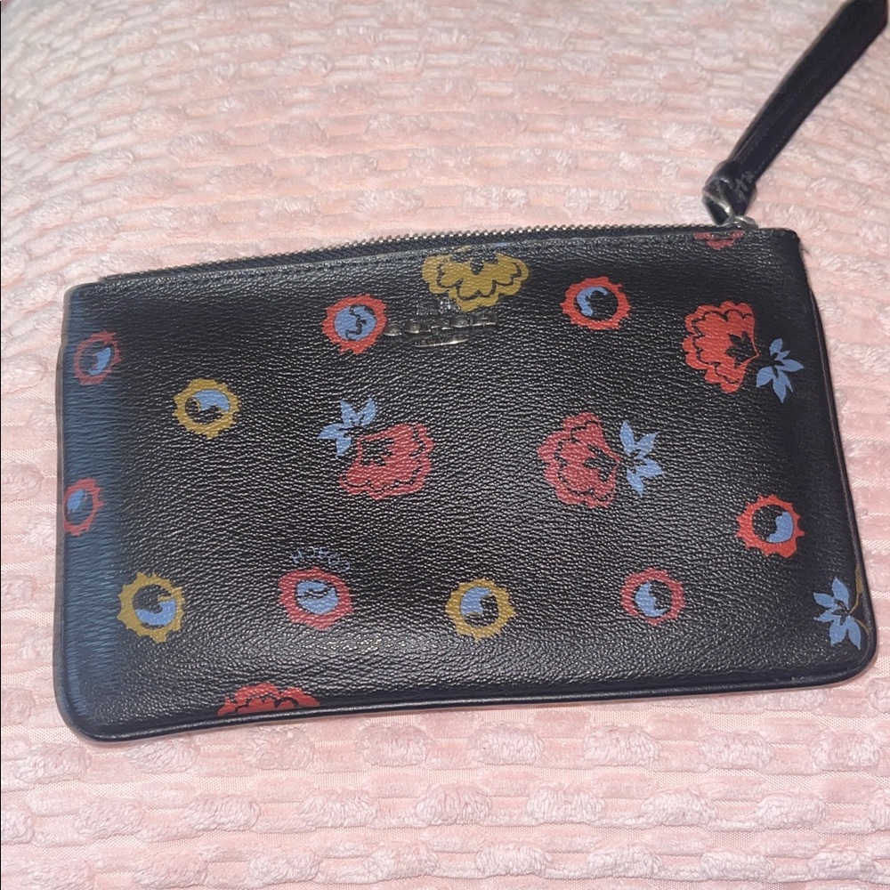 Floral Patterned Black Wristlet Coach